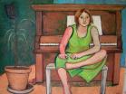 Carrie the piano student, oil on paper artwork by Carrie Gelfan