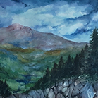 unknown art medium- mountain landscape with trees and clouds