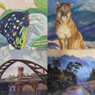 Collage of butterfly, cougar, bridge, and landscape art