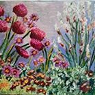 Painting of tall, colorful flowers.
