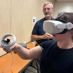 An extended reality headset being used for a simulation training