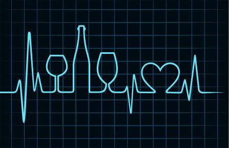 graphic of heart rhythm with wine glass and bottle