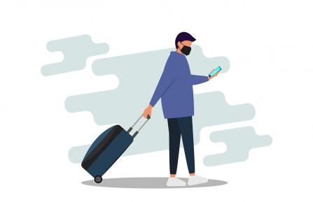 illustration of man with mask pulling a suitcase looking at a phone