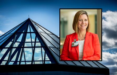 Headshot of Staci Hermann, PharmD, MS, superimposed over an image of the DHMC dome
