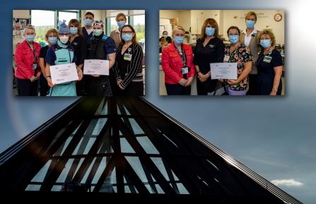 Hope Scelza, Allison Swanson and Elise Beer, nurses at DHMC, are awarded scholarship certificates from SNHU.