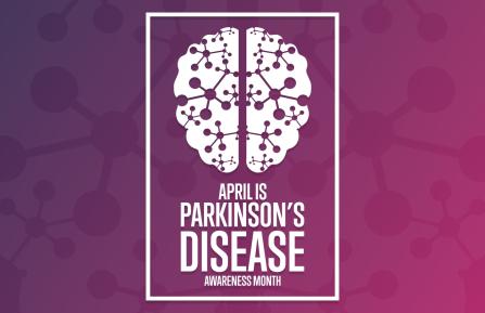 Illustration of a brain in white over a purple background with text that reads "April is Parkinson's Disease Awareness Month."