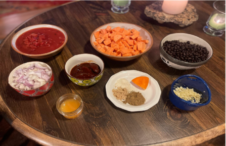 Ingredients for heart-healthy Smokey Sweet Potato Black Bean Chili