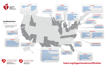 Map of the United States with locations of American Heart Association Comprehensive Hypertension Centers highlighted.