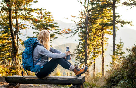Woman resting on bench in forest during a hike