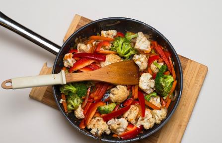 A pan of stir fried vegetables