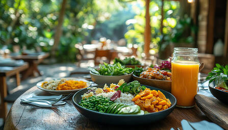 Culinary medicine: Table set with colorful healthy foods, vegetables and rice.