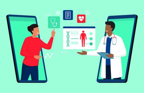 graphic illustration of woman and doctor interacting through phones