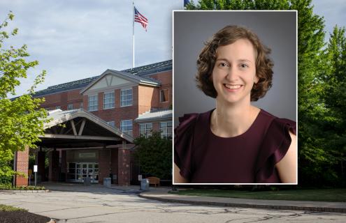 A headshot of Jillian F. Rork, MD, is superimposed over an image of the Dartmouth-Hitchcock Manchester clinic.
