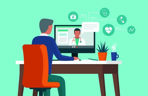 Image of a man interacting with a doctor virtually.