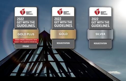 Get With The Guidelines award logos over DHMC dome