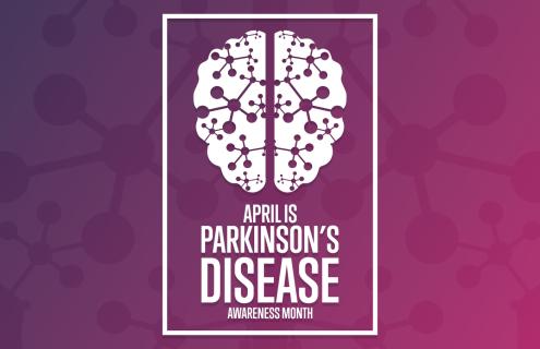 Illustration of a brain in white over a purple background with text that reads "April is Parkinson's Disease Awareness Month."