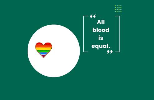 Graphic on a dark green background that shows a rainbow heart and the words "All blood is equal."