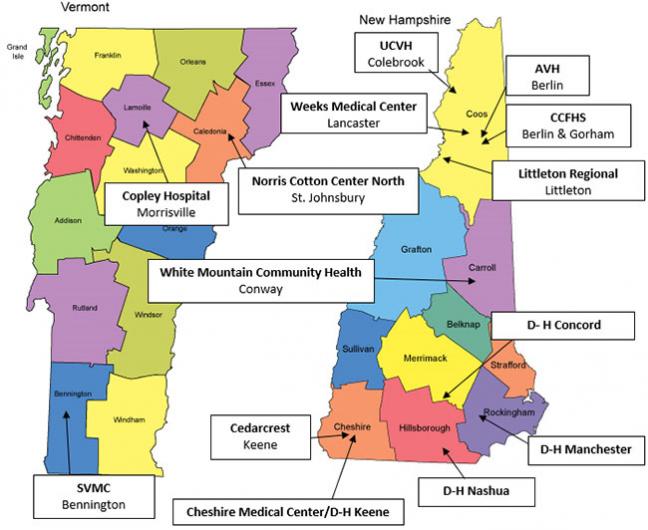 New Hampshire and Vermont maps of facilities that offer outpatient virtual visits.
