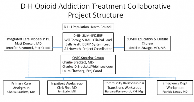 Organizational chart showing the D-H Opioid Addiction Treatment Collaborative Project structure
