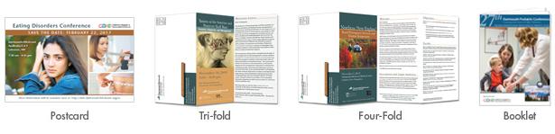 Samples of CLP brochures: postcard, tri-fold, four-fold, and booklet