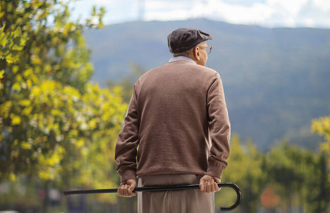 Person with cane looking out at hills
