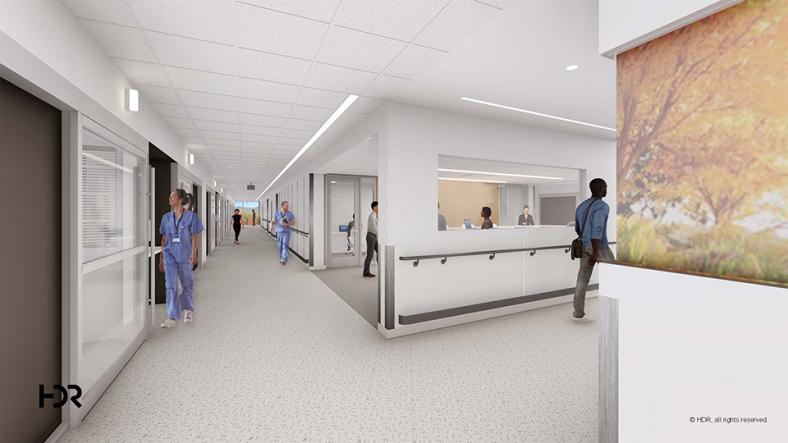 Architectural rendering of a corridor on a patient care unit in the Patient Pavilion