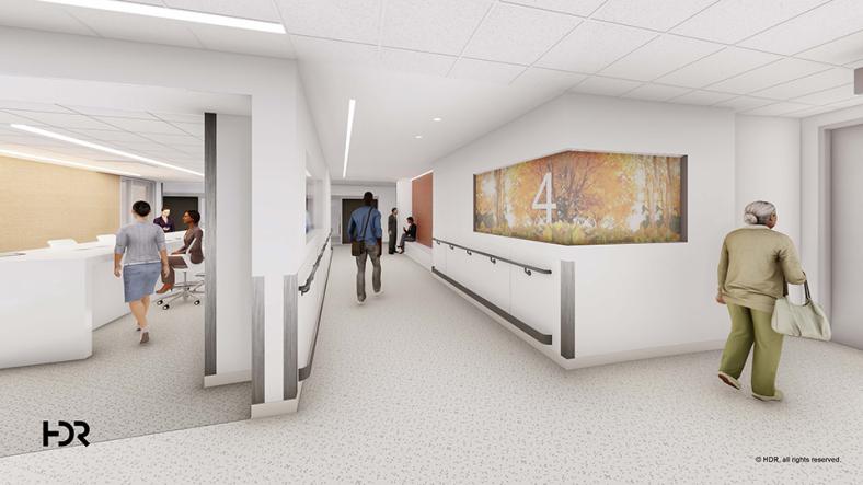 Architectural rendering of a patient care unit corridor with respite area in the Patient Pavilion