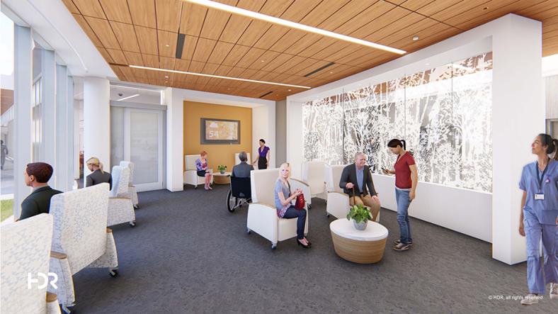 Architectural rendering of the discharge lounge in the Patient Pavilion