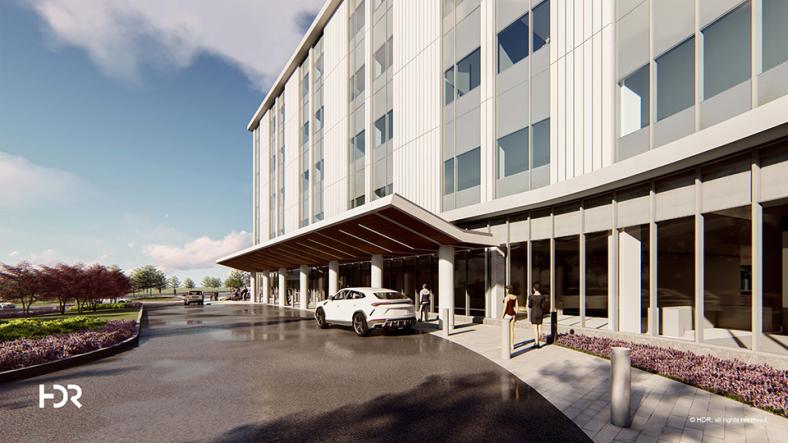 Architectural rendering of the entrance to the Patient Pavilion