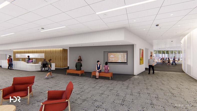Architectural rendering of the main lobby and connecting hallway in the Patient Pavilion
