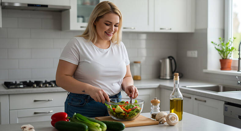Weight Center: Healthy eating, woman preparing a salad in an open airy kitchen