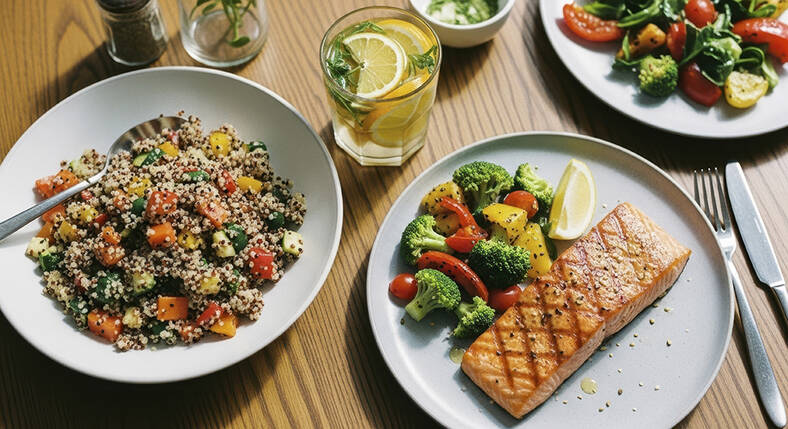 Culinary medicine: Healthy meal, salmon, vegetables, and quinoa